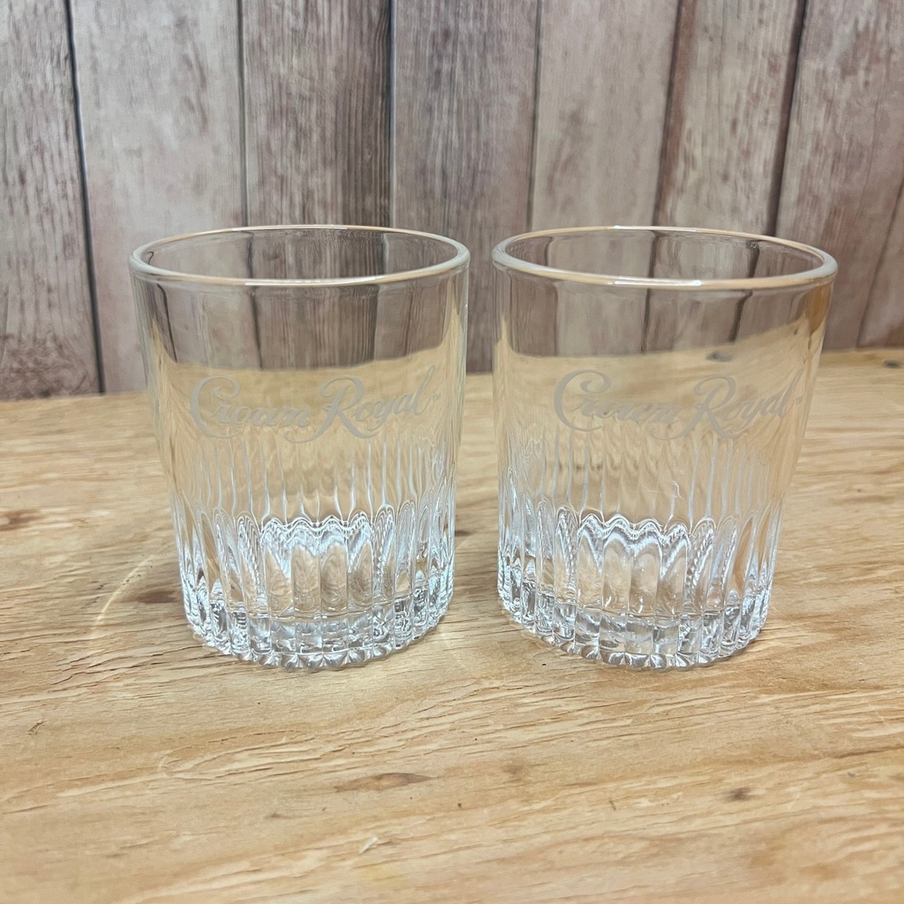 Set of 2 Crown Royal Whiskey Lowball Glasses Etched Logo Monogram Base Cut Glass